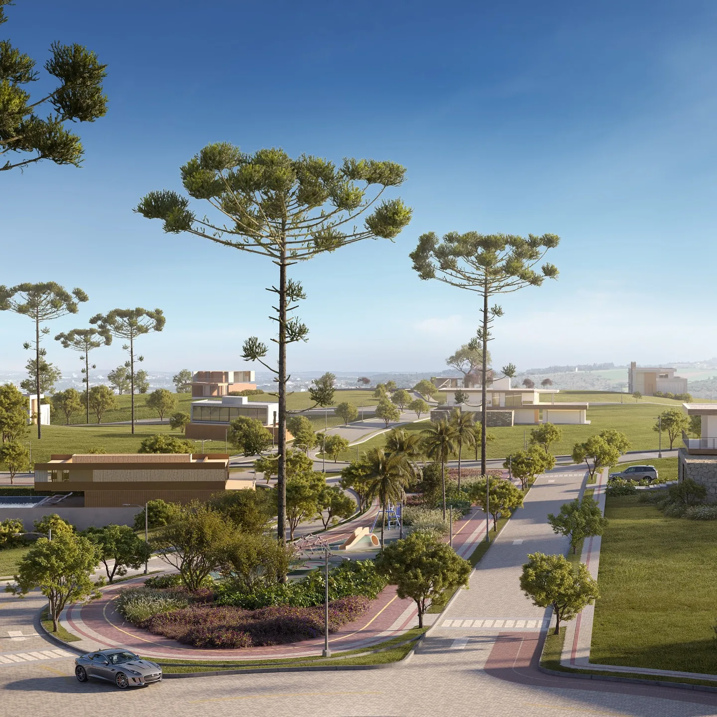 ALTAVISTA Condomínio Fechado — alameda arborizada com araucárias nativas