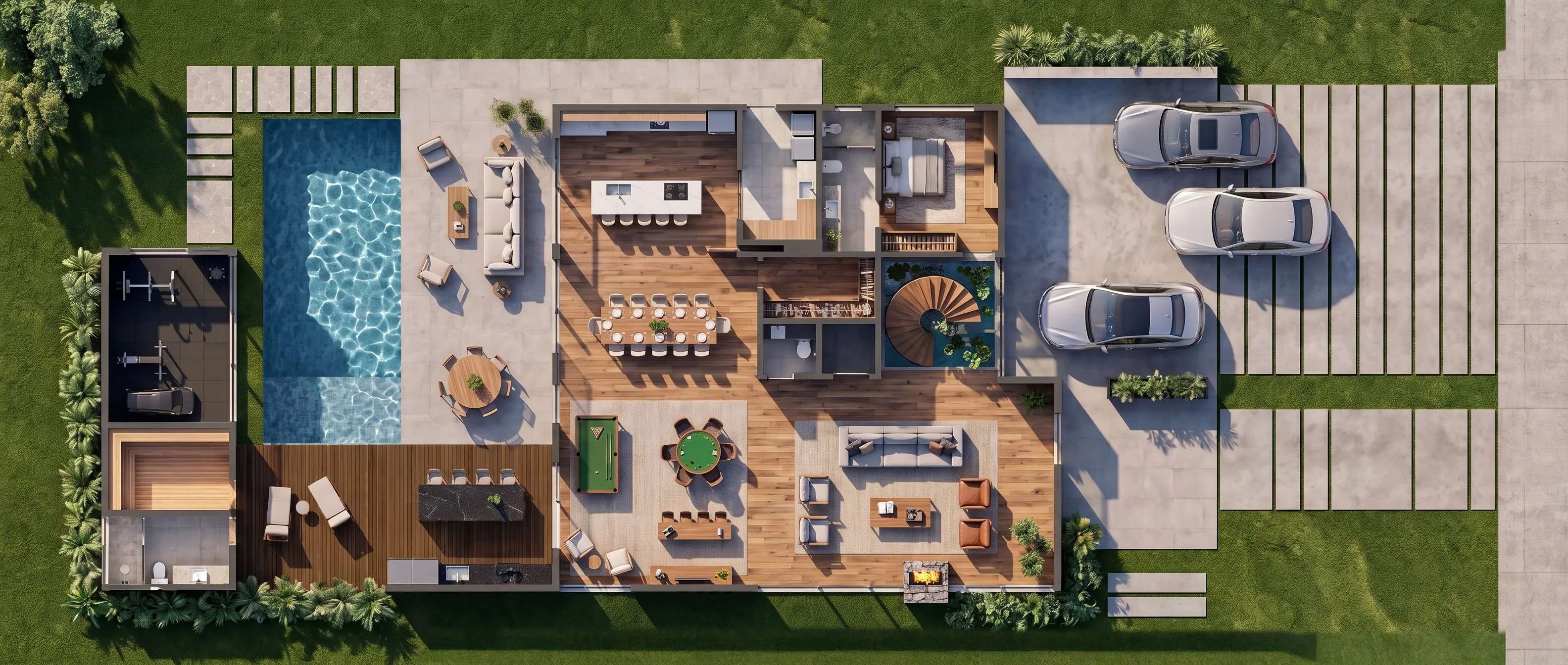 Alta Vista — planta do pavimento térreo: piscina, varanda gourmet, living e garagem